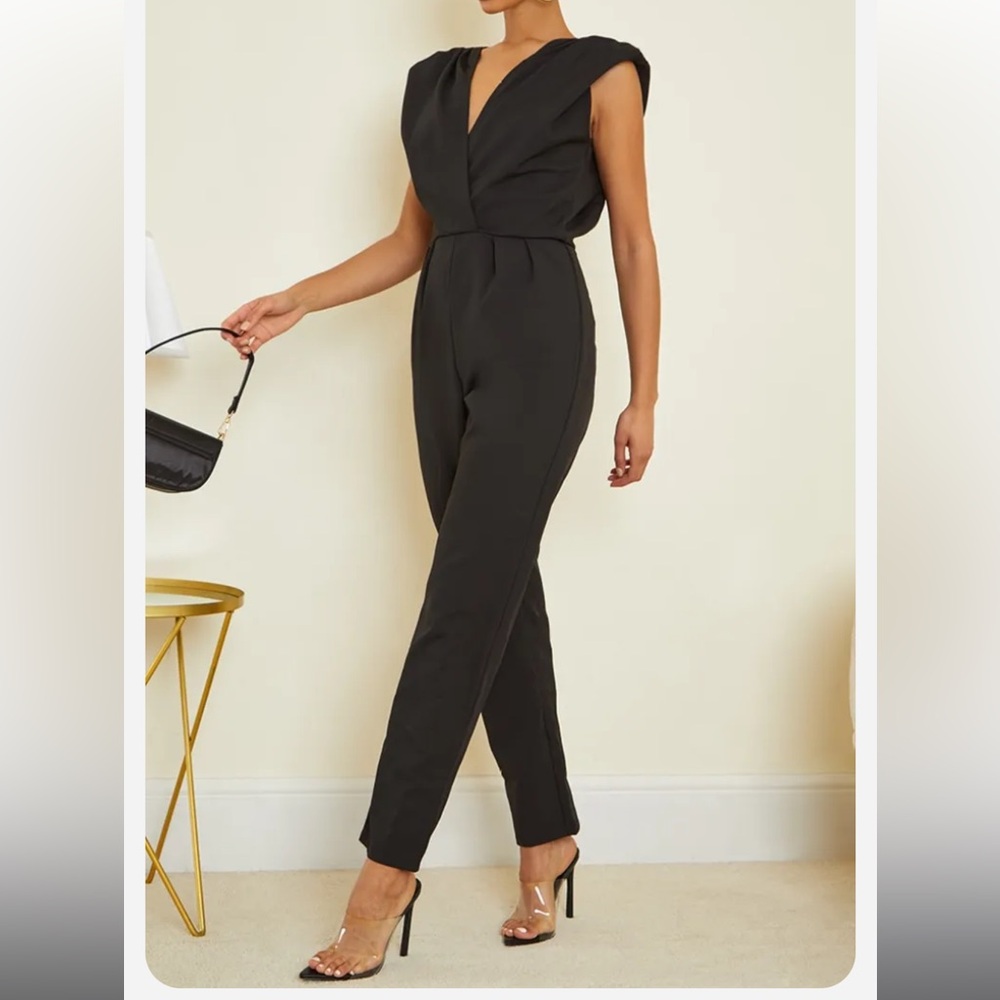 Pretty little thing Black Shoulder Pad Wrap Woven Jumpsuit